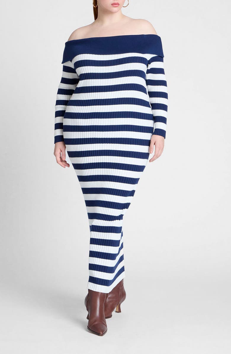 ELOQUII Stripe Long Sleeve Off the Shoulder Cotton Sweater Dress, Main, color, 