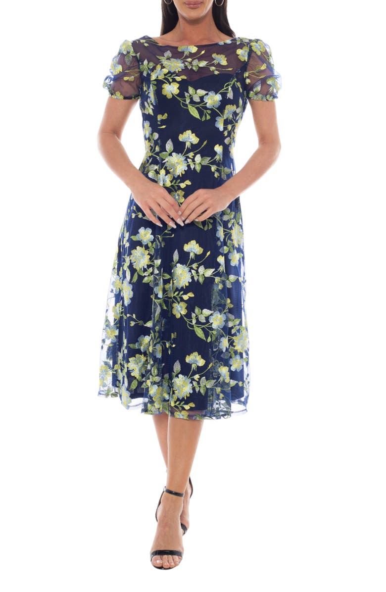 Oleg Cassini Floral Embroidered Mesh A-Line Midi Dress, Main, color, Navy Multi