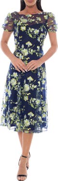 Oleg Cassini Floral Embroidered Mesh A-Line Midi Dress