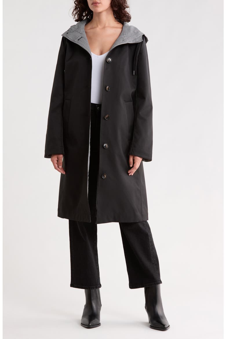 Bonded Hooded Raincoat, Alternate, color, BLACK/ PLAID