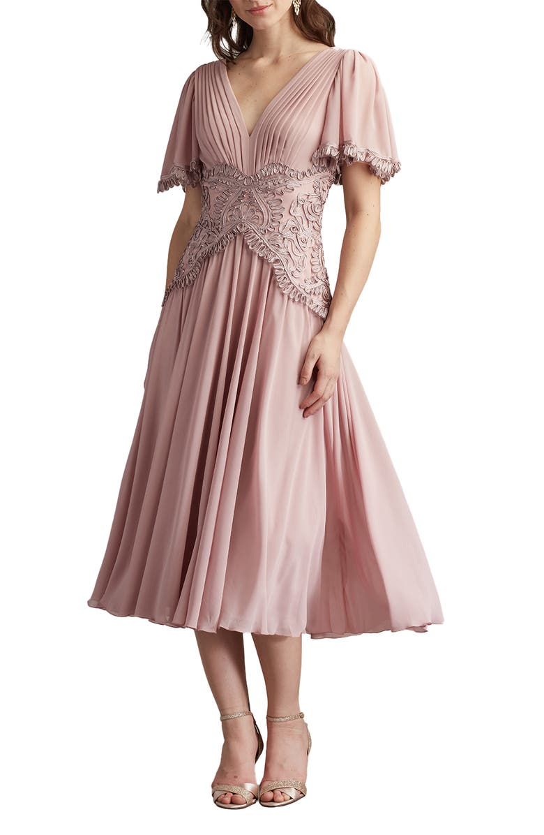 Tadashi Shoji Scroll Detail Flutter Sleeve Cocktail Midi Dress, Alternate, color, Pebble