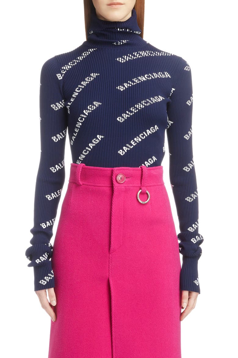 Logo Ribbed Turtleneck Sweater, Main, color, NAVY/ WHITE