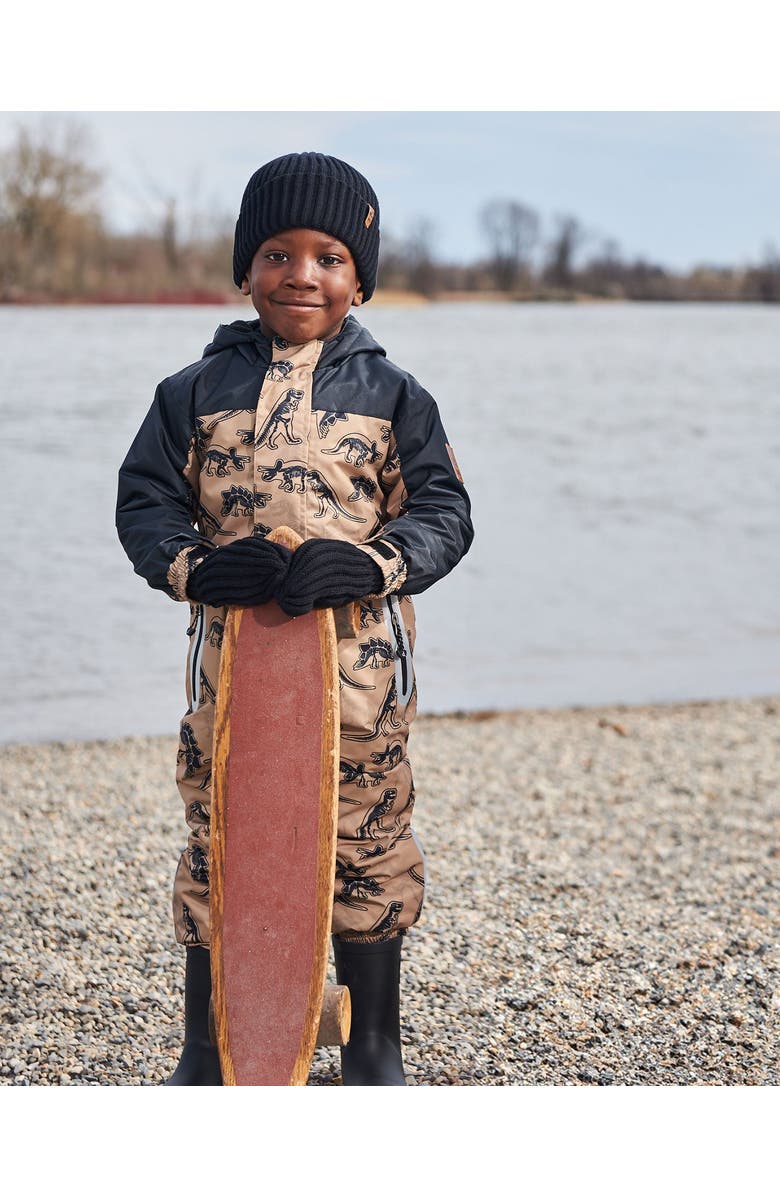 Deux par Deux Boy's Printed Mid-Season One-Piece Outerwear Black Dinosaur On Beige Background, Alternate, color, 