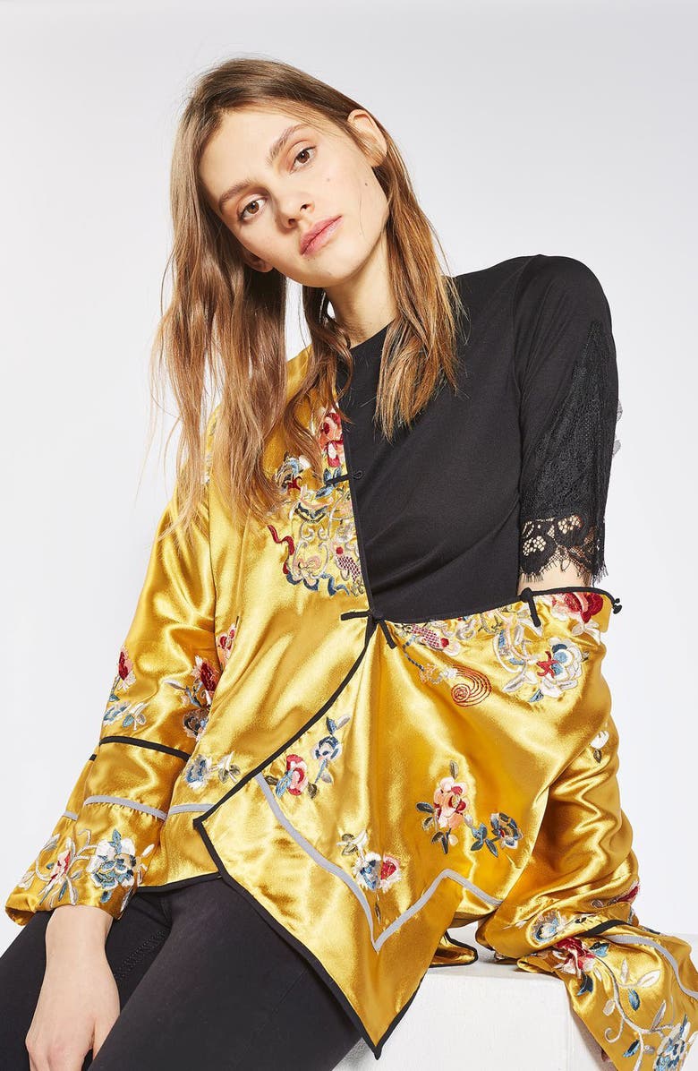 Topshop Embroidered Satin Kimono Jacket, Alternate, color, 