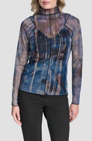 DKNY Printed Exposed Seam Mesh Top