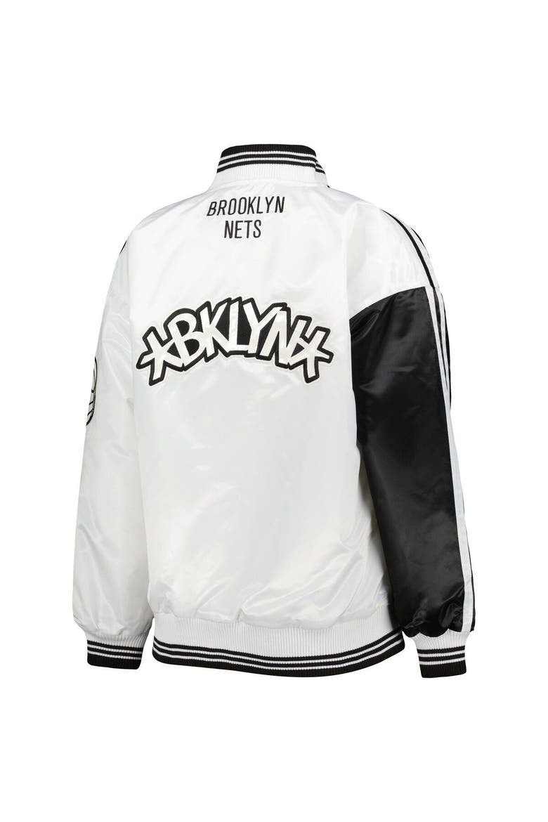 Women's Starter Black/White Brooklyn Nets Split Colorblock Satin Full-Snap Varsity Jacket, Alternate, color, Black