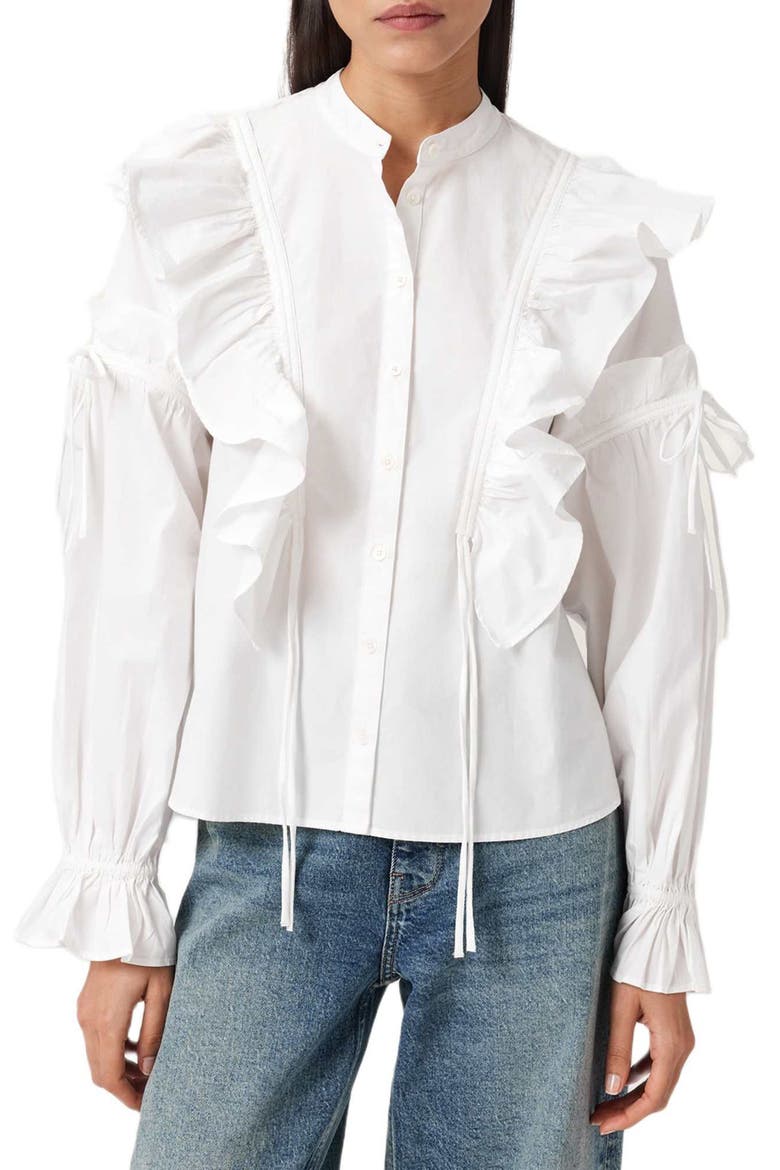 Lulu Ruffle Ruched Cotton Button-Up Shirt, Main, color, OPTIC WHITE
