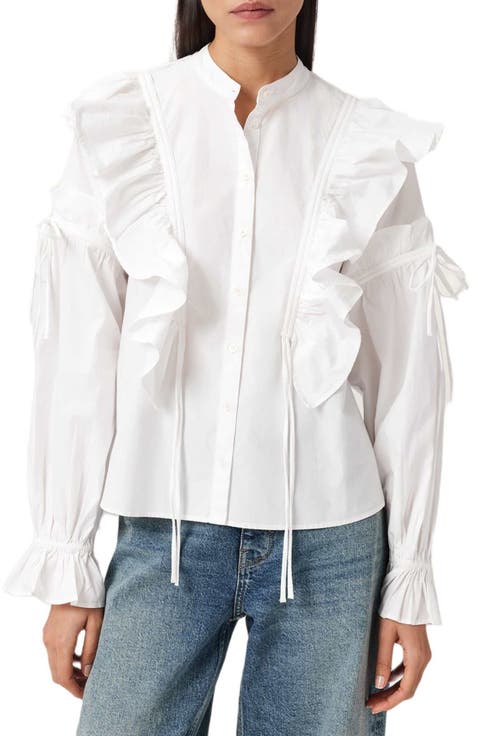 Lulu Ruffle Ruched Cotton Button-Up Shirt