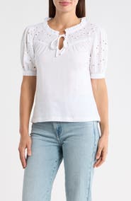 T Tahari Embroidered Short Sleeve Peasant Top