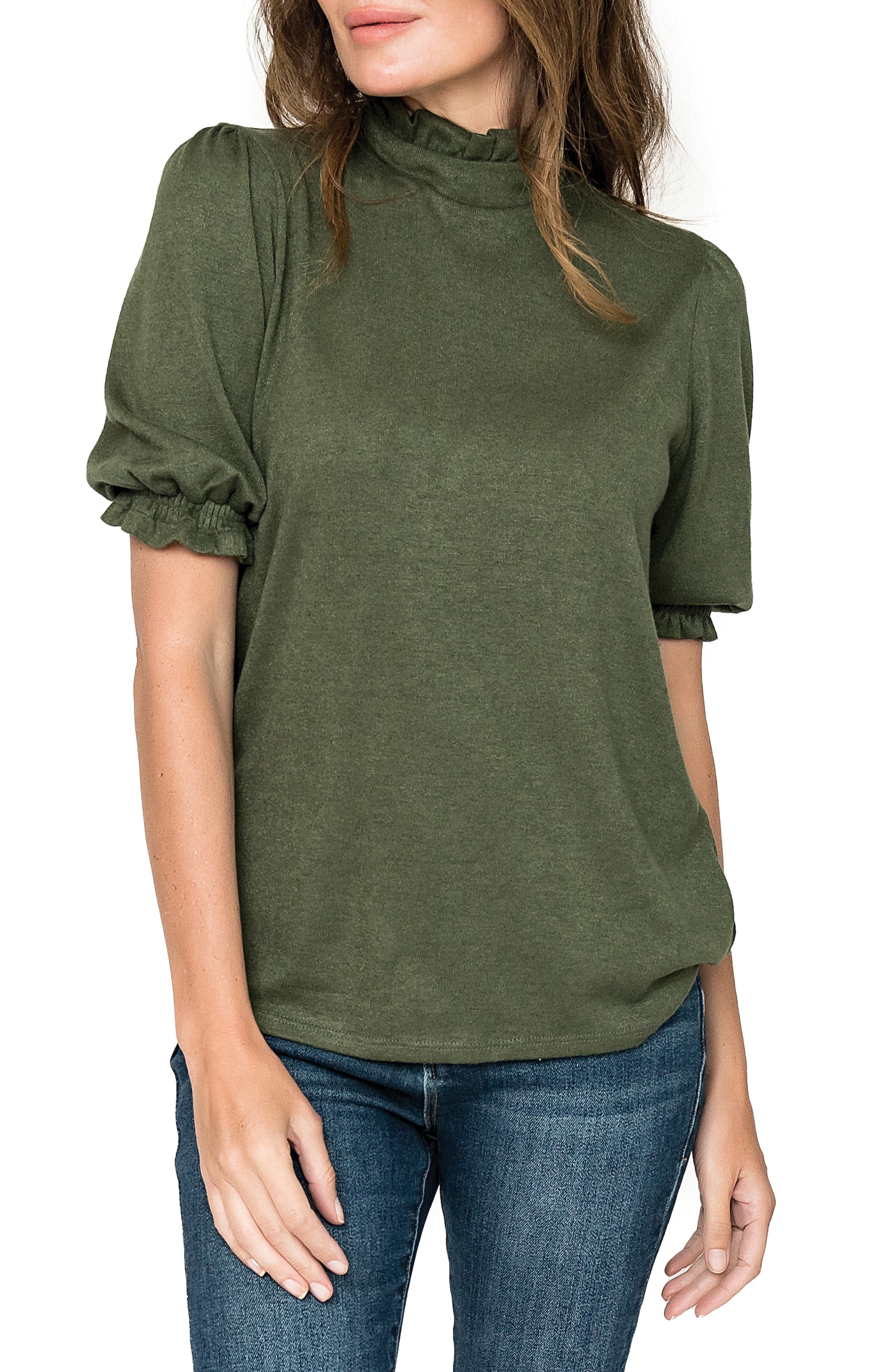 GIBSONLOOK Ruffle Mock Neck Puff Sleeve Sweater in Martini Olive 