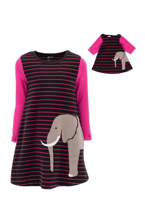 Girls Cotton Dress with Matching Doll Dress, Printed Design