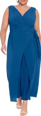 London Times Sleeveless Faux Wrap Jumpsuit