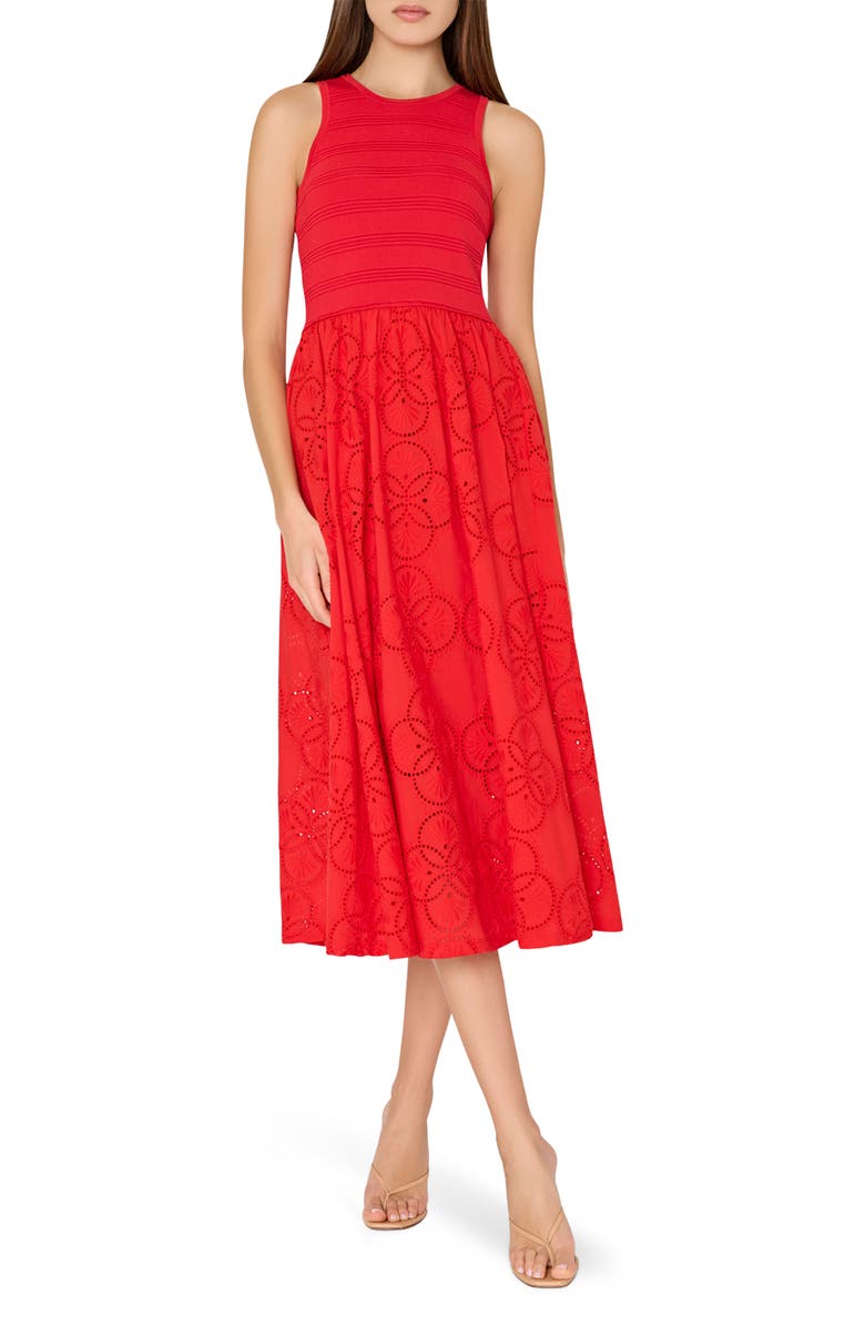 Milly Mixed Media Midi Dress, Main, color, Red