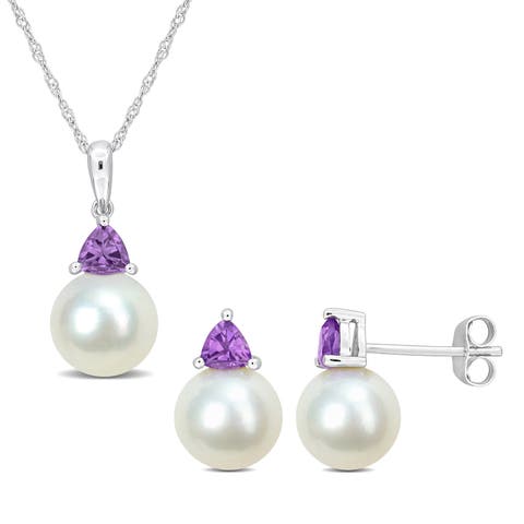 2-Piece Set Pearl Gemstone Necklace & Earrings 10k