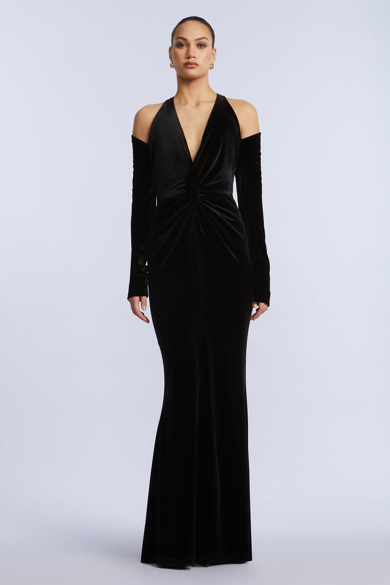Long Sleeve Halter Velvet Gown, Alternate, color, Black
