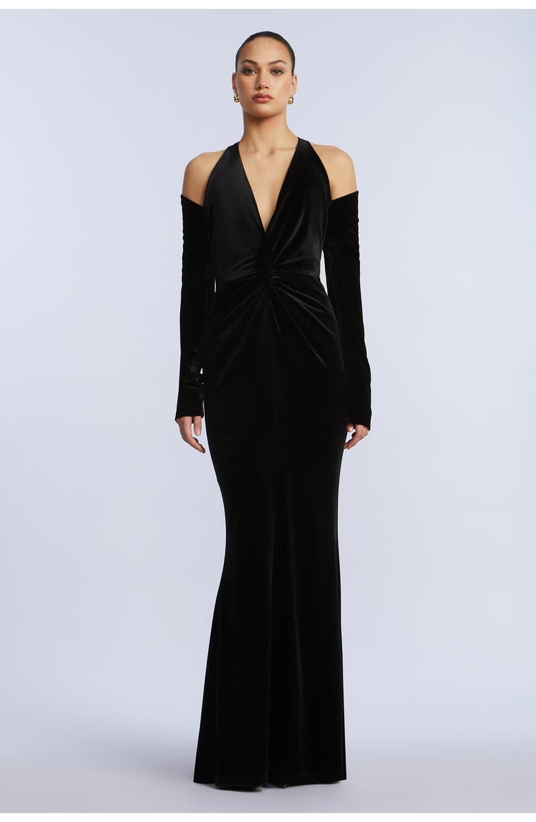 BCBGMAXAZRIA Long Sleeve Halter Velvet Gown, Alternate, color, Black