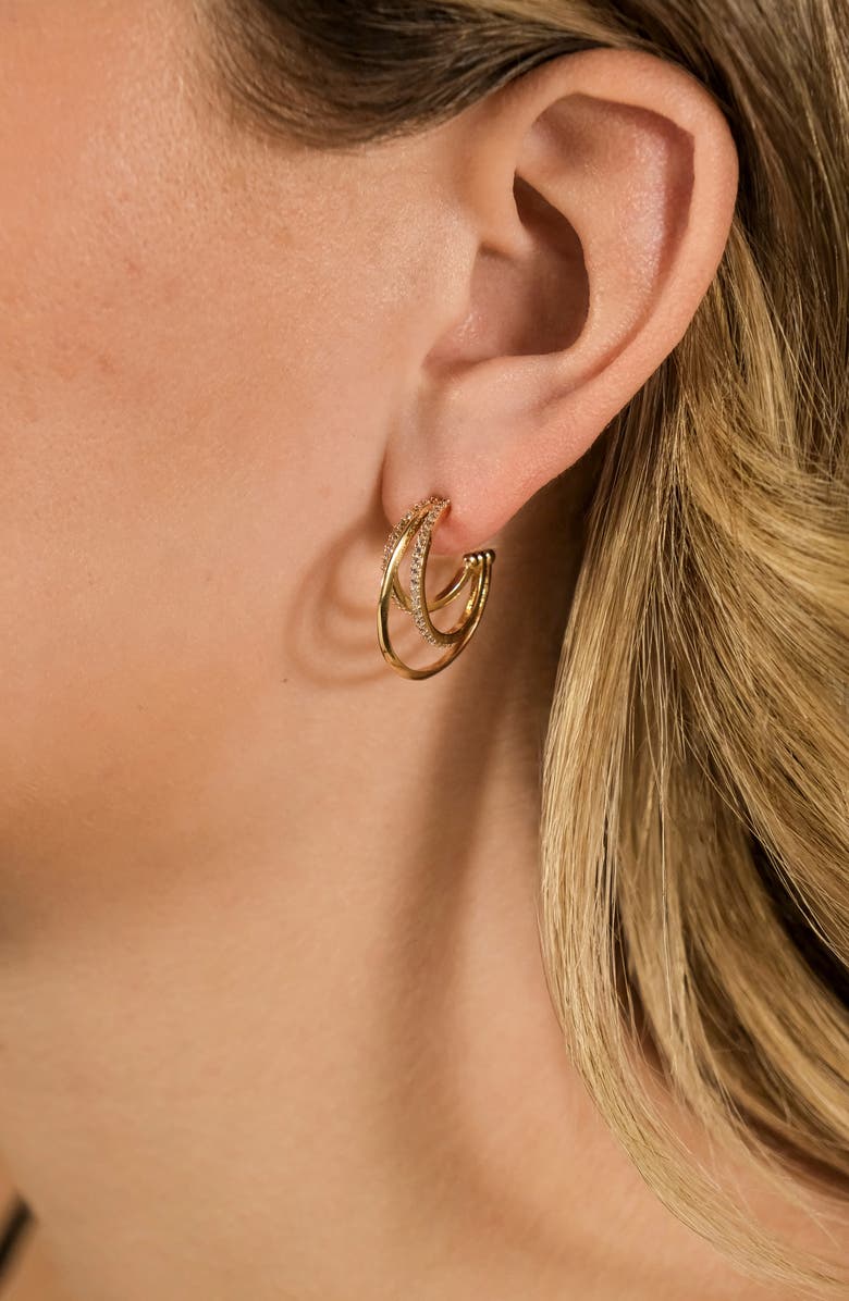 Sterling Forever Adriana Cubic Zirconia Triple Layer Hoop Earrings, Alternate, color, Gold