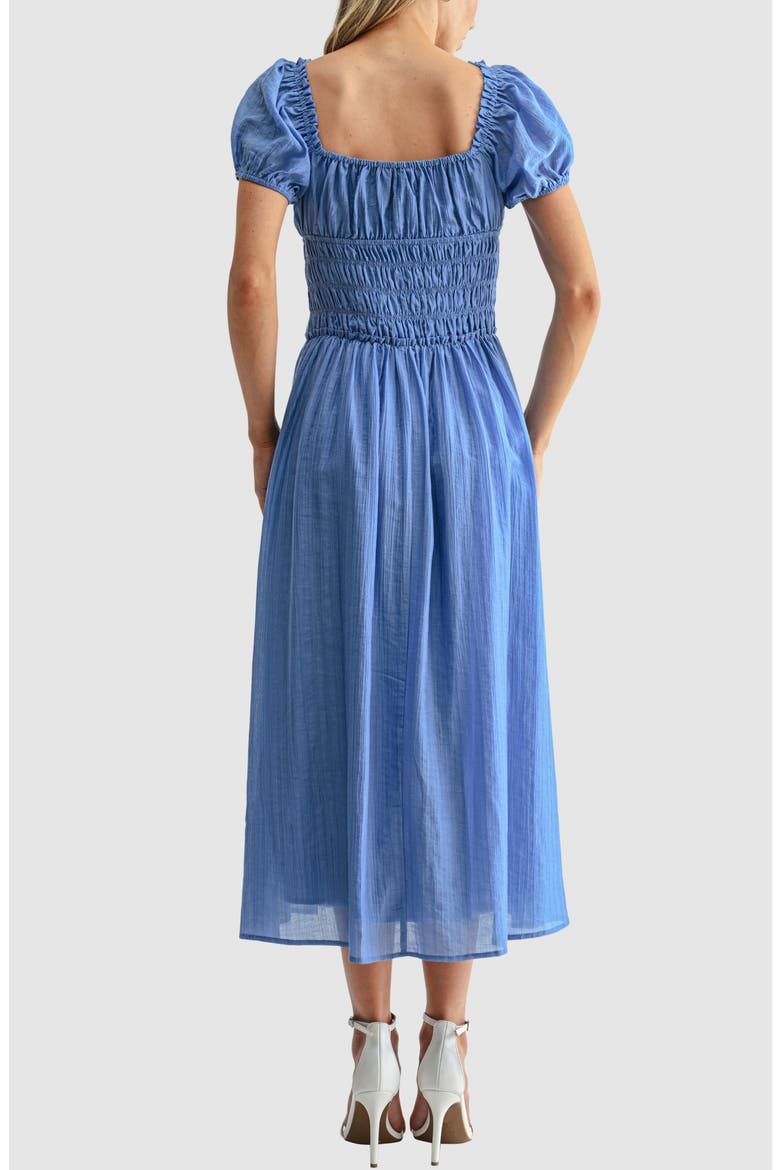 Puff Sleeve Shirred Midi Dress, Alternate, color, BLUE