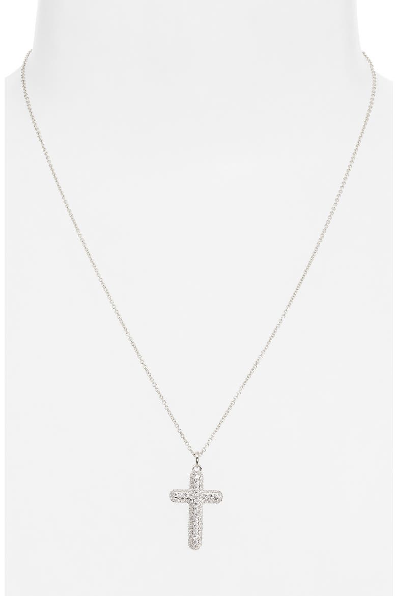 Crushed Pavé Cross Pendant Necklace, Alternate, color, RHODIUM