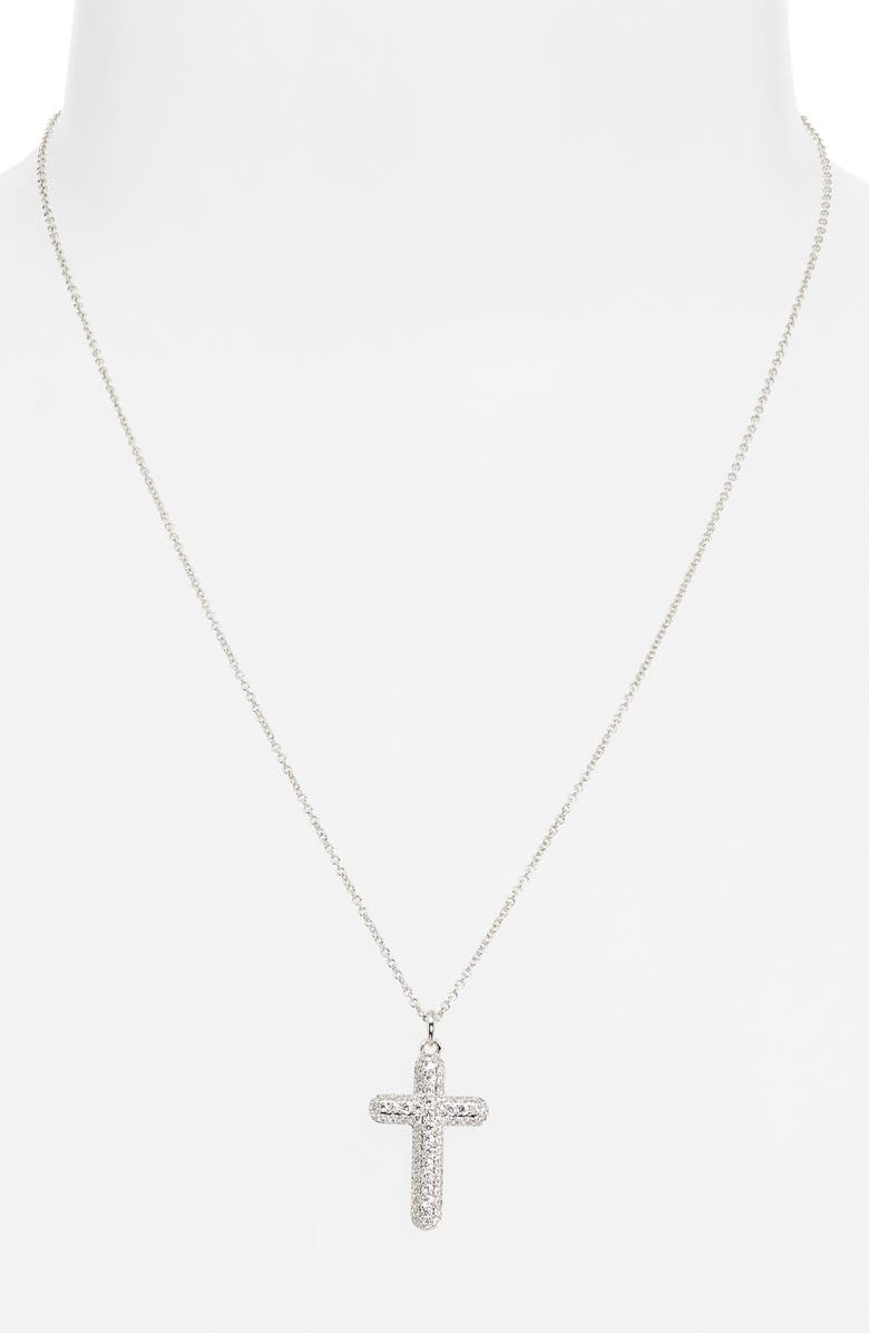 Nadri Crushed Pavé Cross Pendant Necklace, Alternate, color, Rhodium
