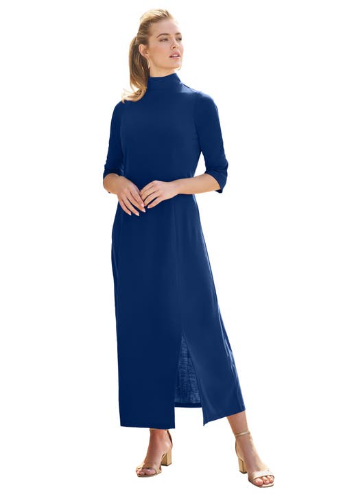 Jessica London Mockneck Slit Maxi Dress In Blue