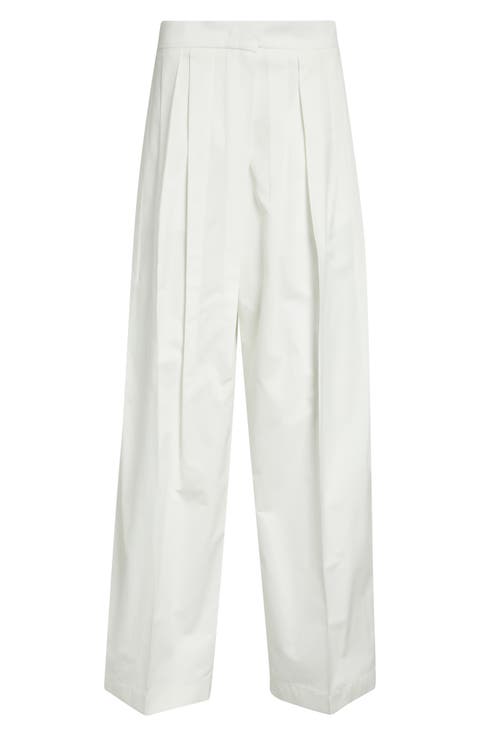 Pleated Cotton & Silk Straight Leg Pants