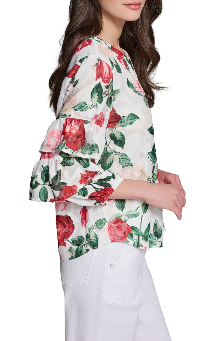KARL LAGERFELD PARIS Rose Print Ruffle Top, Alternate, color, 