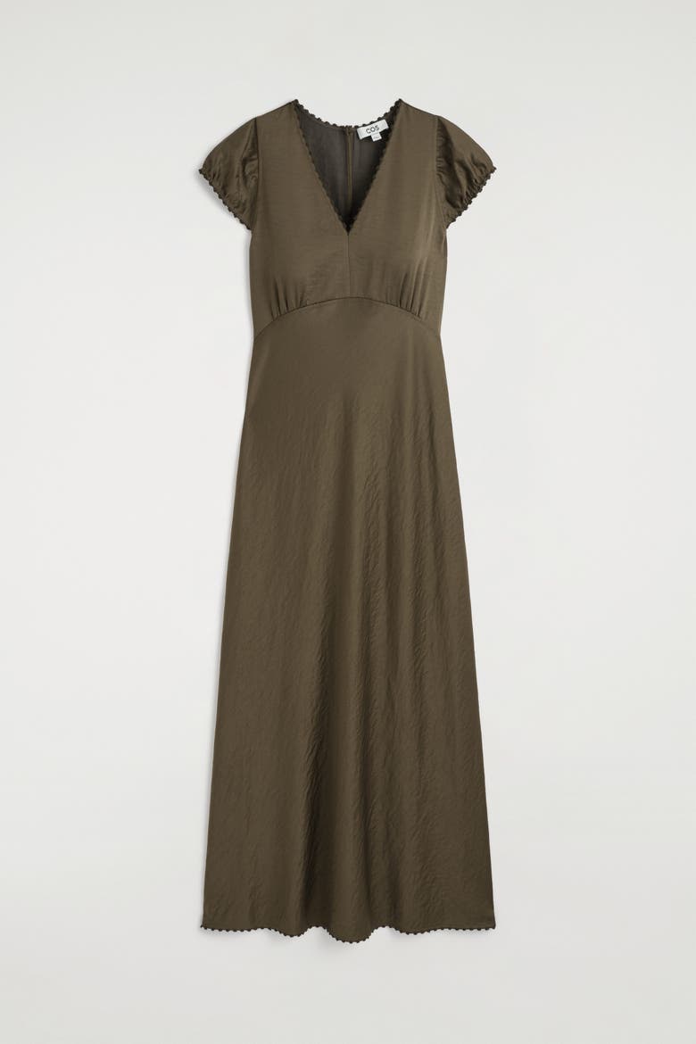 Embroidered Satin Midi Dress, Alternate, color, BROWN