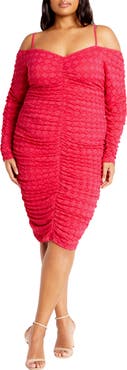 City Chic Lorelai Ruched Cold Shoulder Long Sleeve Dress