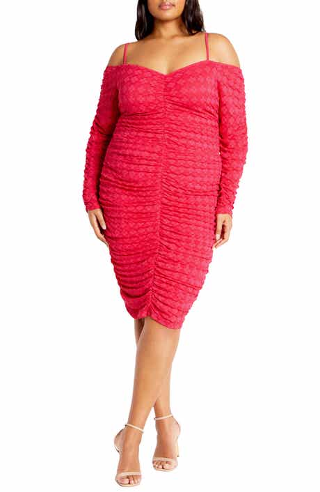 City Chic Lorelai Ruched Cold Shoulder Long Sleeve Dress
