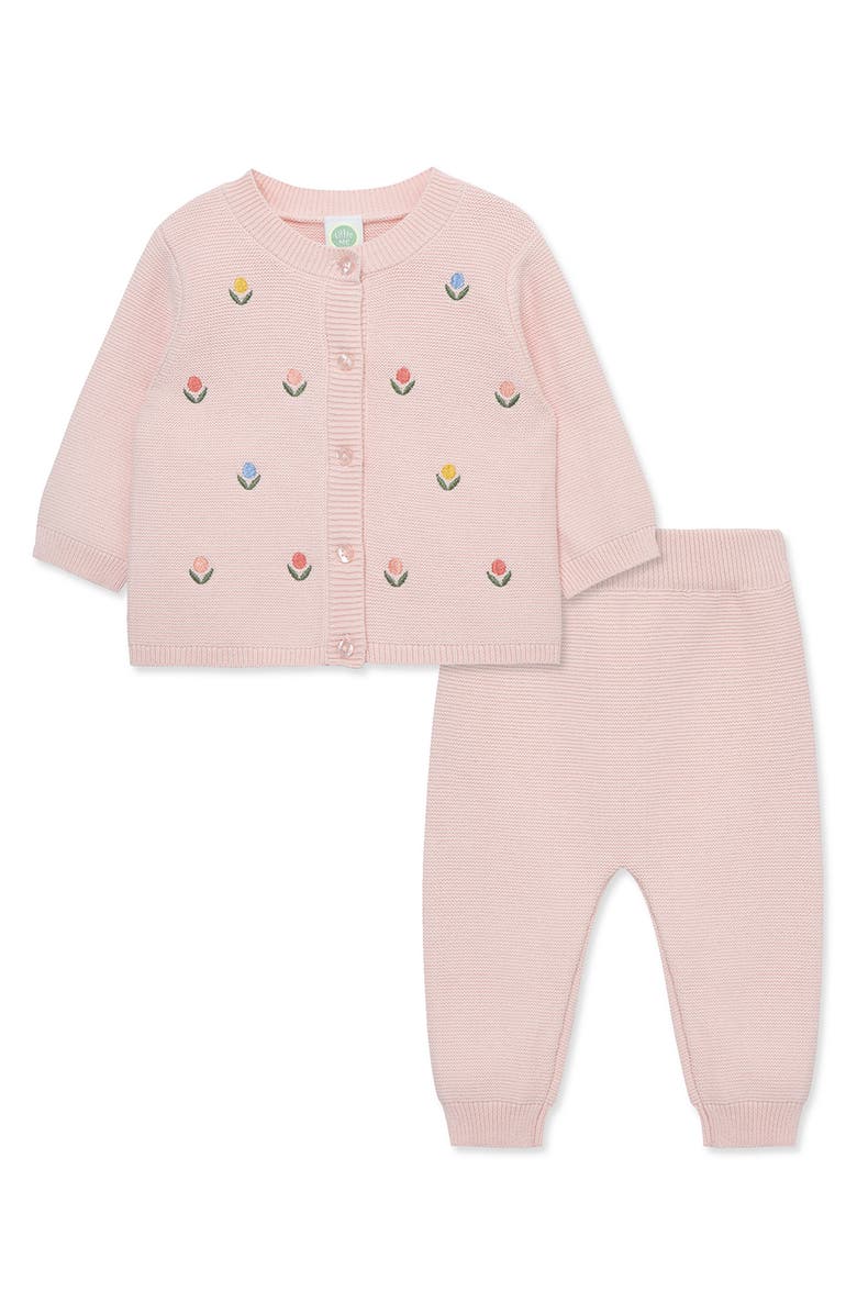 Little Me Floral Embroidered Cotton Cardigan & Sweater Pants Set, Main, color, 