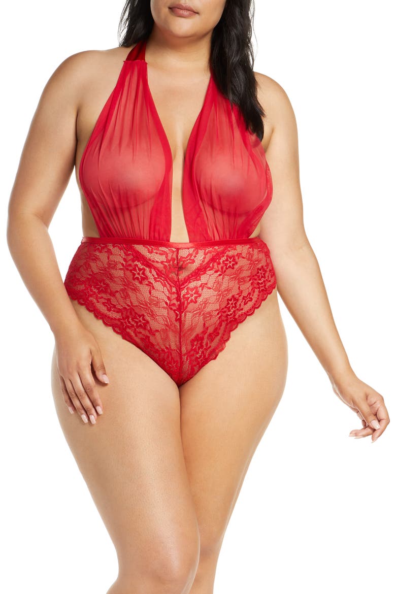 Aria Mesh Plunge Halter Teddy, Main, color, RED