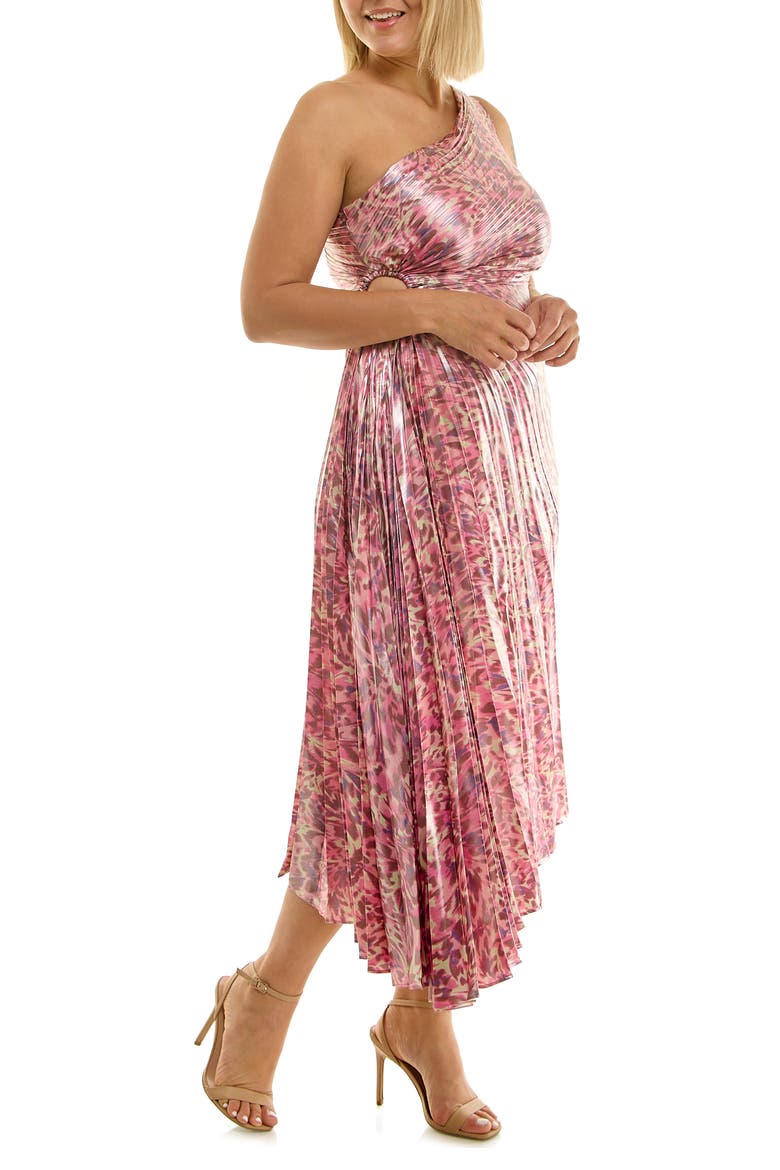 Pleated One-Shoulder Metallic Dress, Alternate, color, ABSTRACT BUTTERFLY FUCHSIA