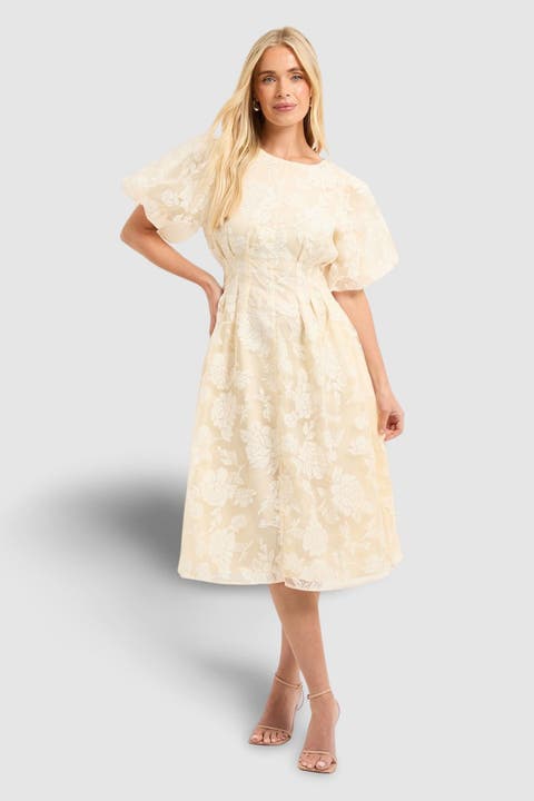 Petite Floral Puff Sleeve Midi Dress