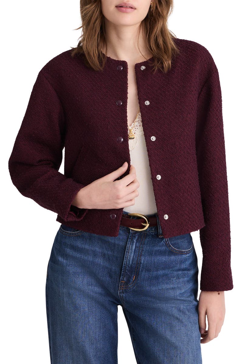 Madewell Collarless Tweed Jacket, Main, color, Dark Pomegranate