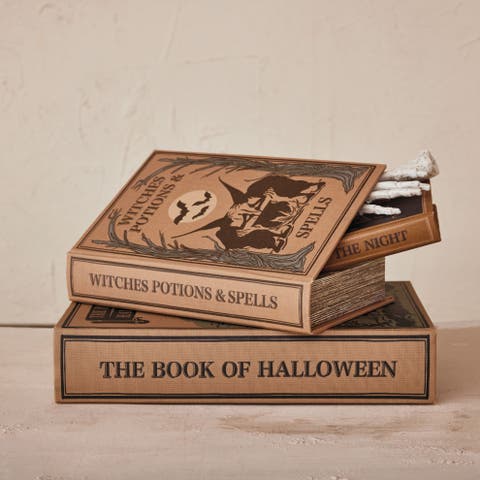 3-Piece Wood and Linen Halloween Themed Book Storage Boxes, Multicolor