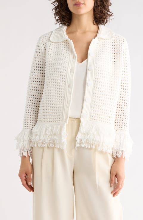 Fringe Trim Open Stitch Cardigan