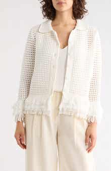 Adrianna Papell Fringe Trim Open Stitch Cardigan