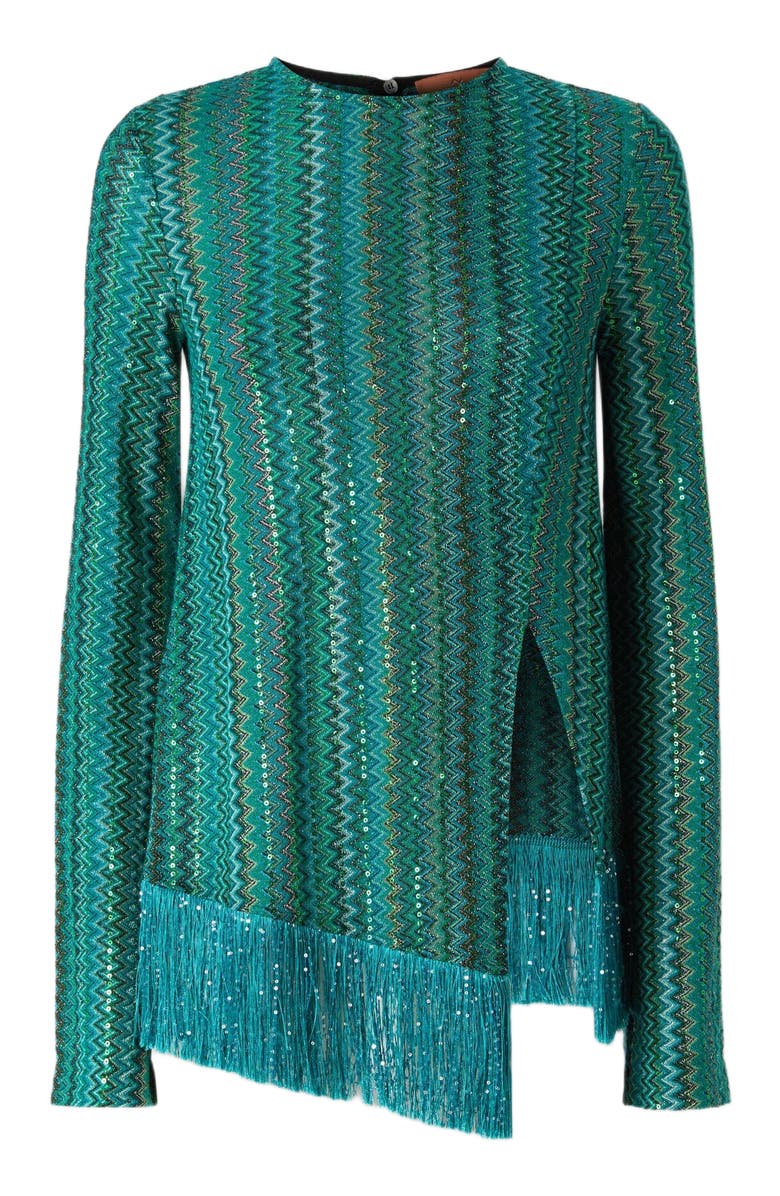 Missoni Zig Zag Sweater With Sequins And Asymmetrical Hem With Fringes, Alternate, color, 