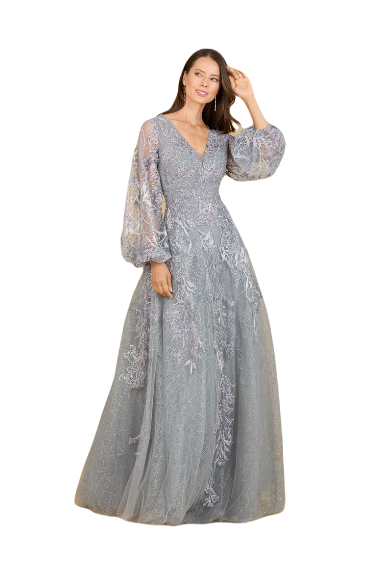 V Neckline Balloon Sleeve Gown, Main, color, Dusk