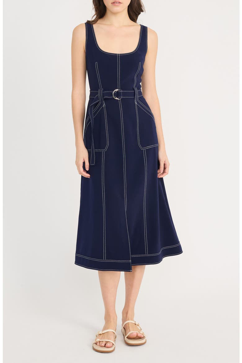 Sleeveless Belted Fit & Flare Midi Dress, Main, color, EVENING BLUE
