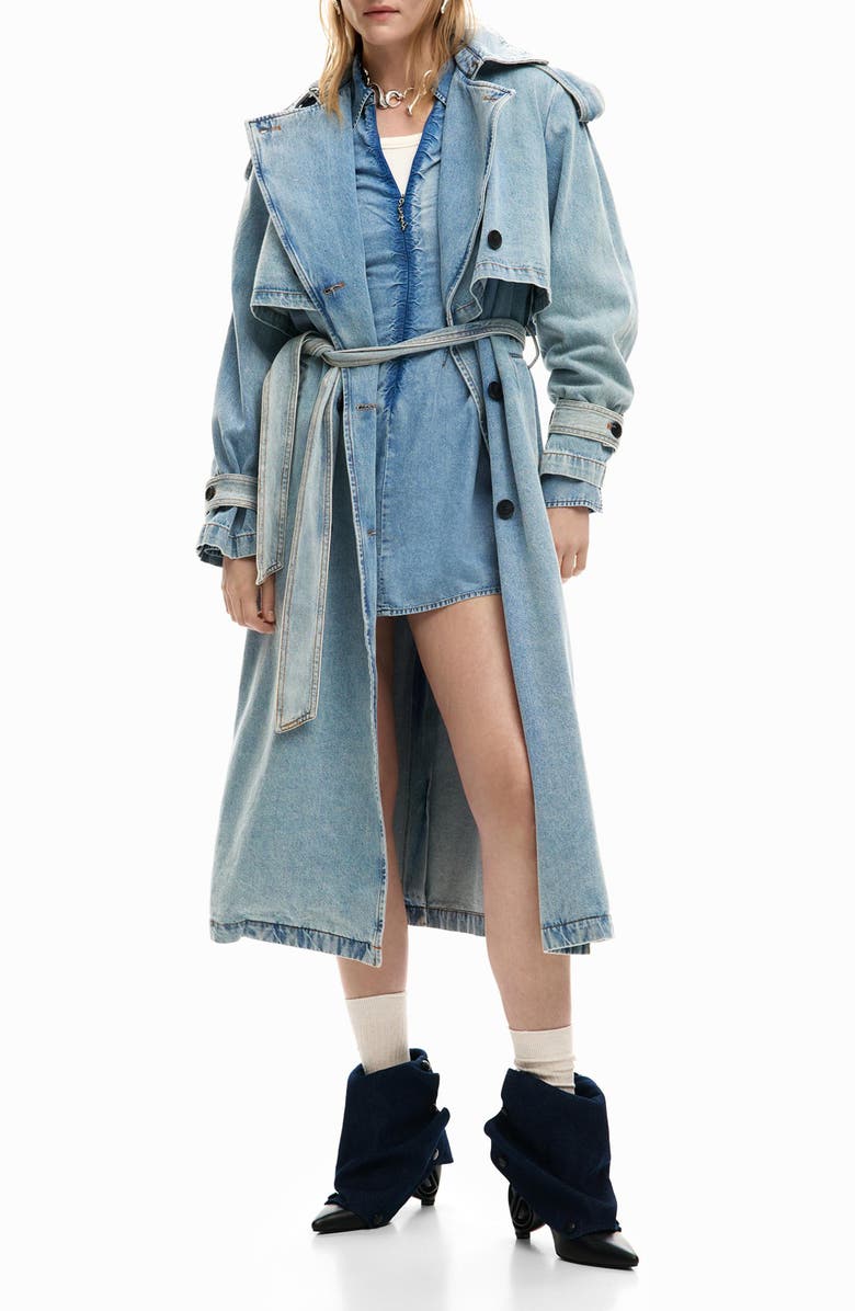 Desigual Denim Trench Coat, Main, color, Light Blue