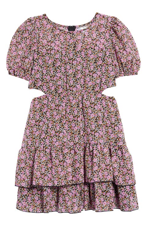 Kids' Floral Print Cutout Puff Sleeve Dress (Big Kid)