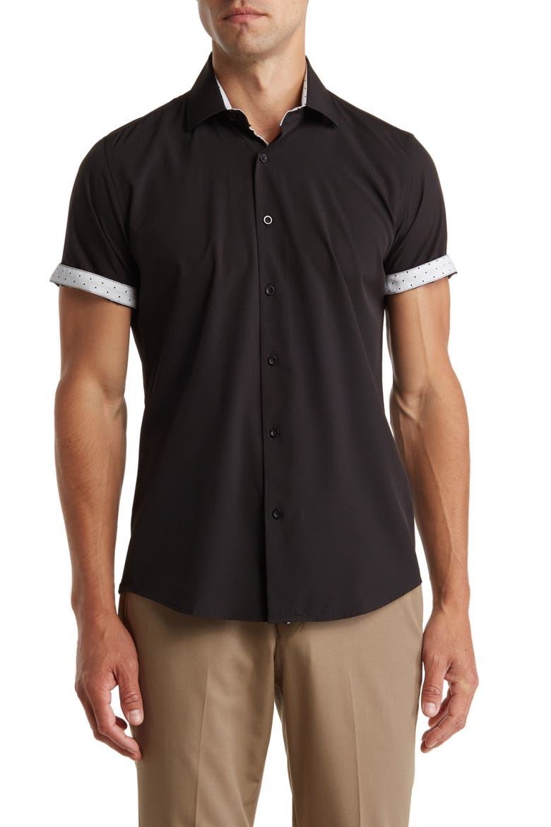 Slim Fit Short Sleeve Performance Stretch Button-Up Shirt, Main, color, BLACK