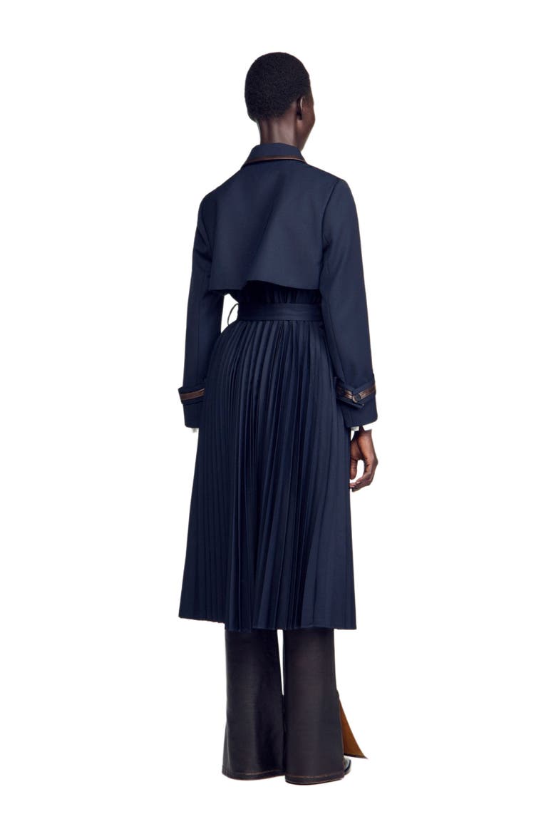 Trench with pleated leather collar, Alternate, color, Navy blue