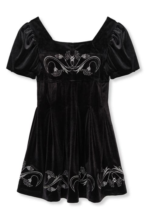 Kids' Embroidered Puff Sleeve Velvet Dress (Big Kid)