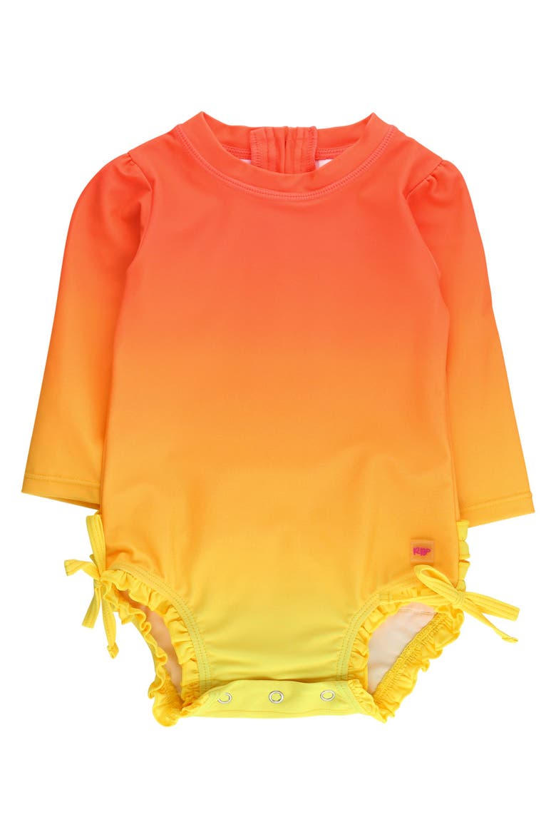 UPF50+ Sun Protected Neon Long Sleeve One Piece Rash Guard Swimsuit, with Signature Rear Ruffles, Main, color, Neon Citrus Sunrise
