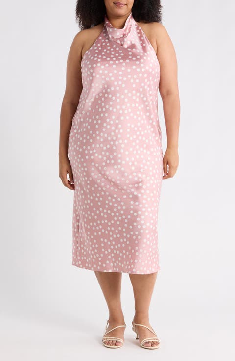Polka Dot Halter Neck Satin Midi Dress (Plus)