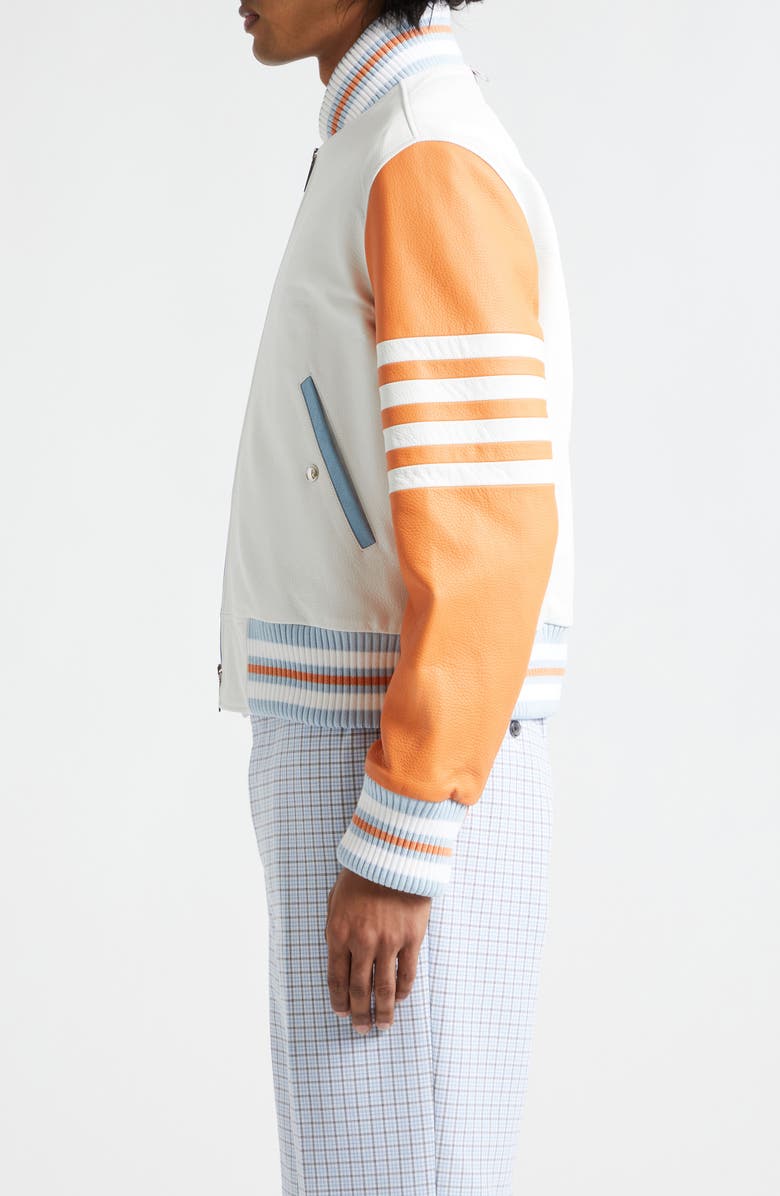 Thom Browne Fun-Mix 4-Bar Colorblock Leather Bomber Jacket, Alternate, color,
