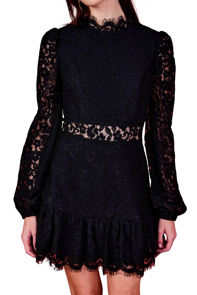 Lace Cutout Long Sleeve Minidress, Alternate, color, BLACK